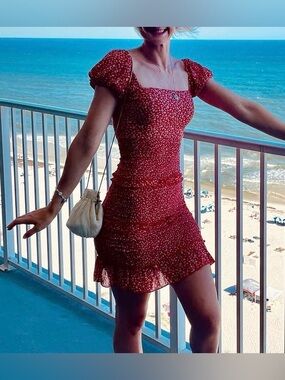 Red Micro Floral Puff Sleeve Corset Smocked Mini Dress XS Sim & Sam